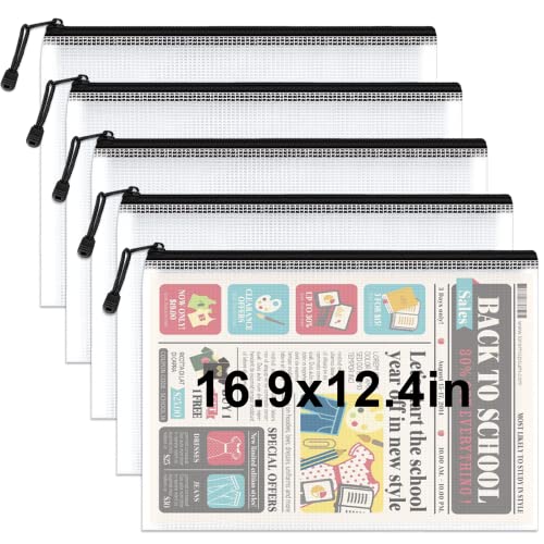 Umriox 5PCS A3 Zipper Bags, Extra Thick Mesh Zipper Pouch, Large Storage Bags, Zipper Pouches for Office Supplies, Puzzles Organizing Storage - style: Black 5pcs, Thickened A3