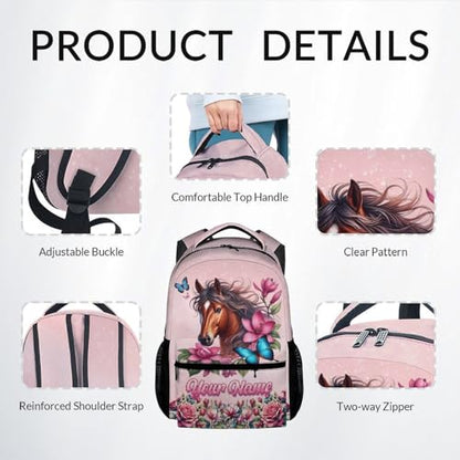 Mercuryelf Personalized Girls Backpack Horse 3PCS Kids Backpack Set with Lunch Bag & Pencil Case, 17 Inch School Bookbag for Elementary Kindergarten - color: Yellow