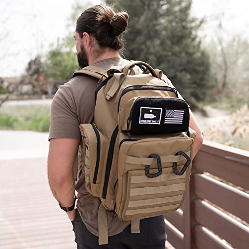 Tan Dad Diaper Bag - Molle-Style Military Diaper Backpack Made of Rugged 900D Waterproof Polyester with Wider Extra-Long Straps, Pouch for Dirty Diapers, Baby Wipes Dispenser & Insulated Pockets - color: Tan