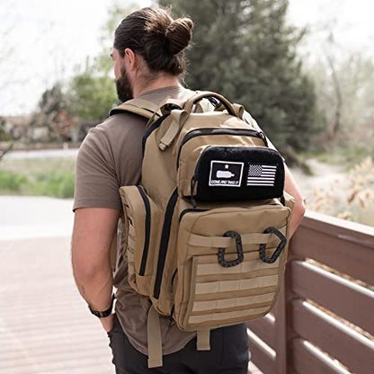 Tan Dad Diaper Bag - Molle-Style Military Diaper Backpack Made of Rugged 900D Waterproof Polyester with Wider Extra-Long Straps, Pouch for Dirty Diapers, Baby Wipes Dispenser & Insulated Pockets - color: Tan