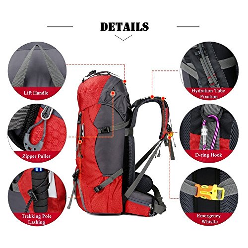 Bseash 60L Waterproof Hiking Camping Backpack with Rain Cover, Large Outdoor Sport Travel Daypack Rucksack for Climbing - color: Red