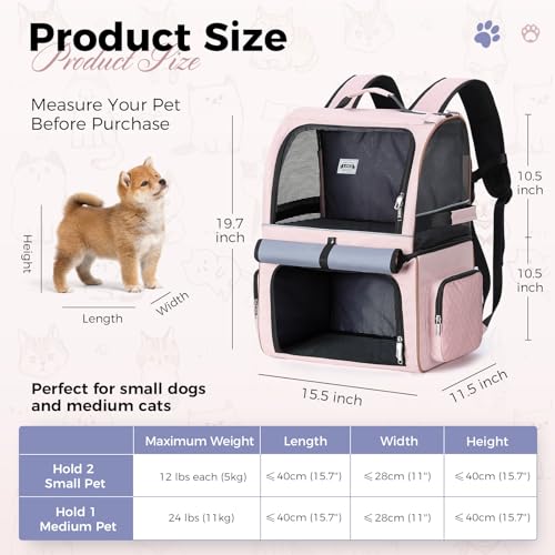 Double Cat Backpack Carrier for 2 Cats, Double-Compartment Pet Carrier Backpack for Two Small Cat or One Medium Cat, Cats Carrier Backpack Dog Carrier Backpack Fits Up to 24 Lbs,Pink - color: Pink