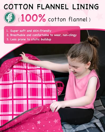 KingCamp 45°F Kids Sleeping Bag, Lightweight Waterproof & Compact Flannel Sleeping Bags Cold Weather & Warm Youth Essentials Gear Accessories for Camping, Fits 10-12 Children up to 4'7"-5'5" Tall - color: 8.6°F ~44.6°F RoseRed Left 4-in-1