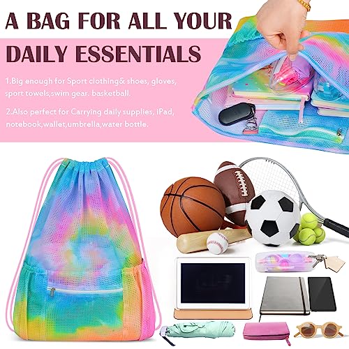 Mesh Drawstring Backpack, Large Sports Gym Bag for Women Kids with Pocket and Zipper Sackpack for Beach Yoga Football Soccer (Tie Dye Yellow) - color: Tie Dye Yellow