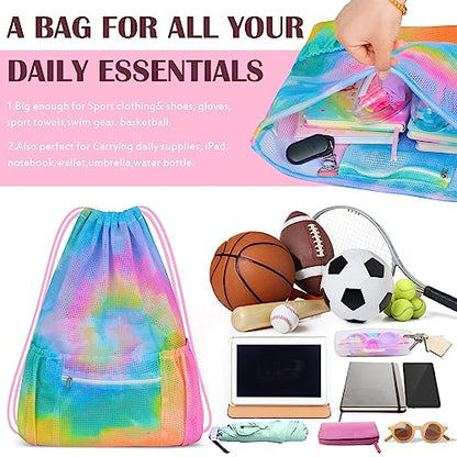 Mesh Drawstring Backpack, Large Sports Gym Bag for Women Kids with Pocket and Zipper Sackpack for Beach Yoga Football Soccer (Tie Dye Yellow) - color: Tie Dye Yellow