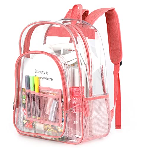 Keepcross Clear Backpack Heavy Duty PVC Clear Bookbag with Reinforced Straps for School College Work, Large Transparent Backpack See Through for Girls Women - Pink - color: Pink