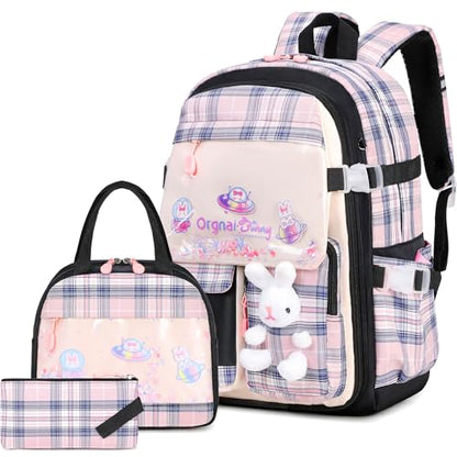 FIXITOK Girls Backpack Set, 3PCS Kids Backpacks for Girl, Kawaii Bunny School Backpack for Girls Kindergarten Elementary Preschool Middle School Bags with Lunch Box Pencil Case Blackpink-Plaid - color: Blackpink-plaid