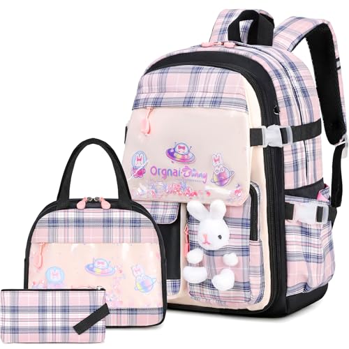 FIXITOK Girls Backpack Set, 3PCS Kids Backpacks for Girl, Kawaii Bunny School Backpack for Girls Kindergarten Elementary Preschool Middle School Bags with Lunch Box Pencil Case Blackpink-Plaid - color: Blackpink-plaid