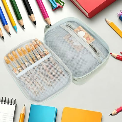 Large Capacity Kids Backpack Pencil Case Pen Bag with Clear Pocket, Cute Kawaii Pen Pouch Organizer with Adjustable Strap & Plush Doll Keychain for School Girls Boys (Green) - color: Green
