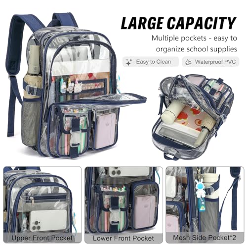 Clear Backpack Heavy Duty Transparent Backpacks Stadium Approved for School Work Sport Travel (Navy Blue) - color: Navy Blue