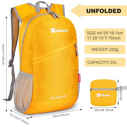 ZOMAKE Lightweight Packable Backpack 20L,Foldable Backpacks Small Daypack for Hiking Water Resistant Day Bag for Travel(Yellow) - color: Yellow