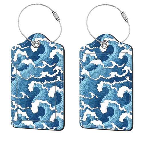 2 Pcs Luggage Tags for Suitcase, Cute Unique PU Leather Travel Bag Tag with Privacy Cover ID Label Address Card and Durable Metal Ring Suitable for Men Women Children Backpack,Sea Wave - color: Sea Wave