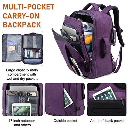 LOVEVOOK Carry on Backpack, 45L Large Travel Backpack for Women Airline Approved, Expandable Large Suitcase Backpacks With 4 Packing Cubes, Aer Travel Pack 3, Water Resistant Weekender Bag - color: Purple, size: X-Large