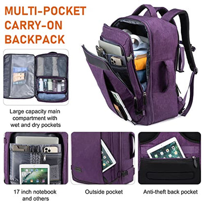 LOVEVOOK Carry on Backpack, 45L Large Travel Backpack for Women Airline Approved, Expandable Large Suitcase Backpacks With 4 Packing Cubes, Aer Travel Pack 3, Water Resistant Weekender Bag - color: Purple, size: X-Large