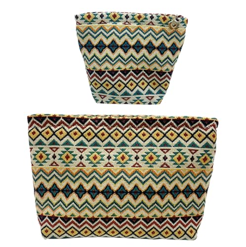 getgto 2 Pcs Makeup Bags, Large Cosmetic Bag Travel Toiletry Bag Organizer for Women, Embroidery Craft, Stripe Makeup Bag Small Cosmetic Pouch Purse with Zipper Gifts for Girls Teen - color: Brown wave
