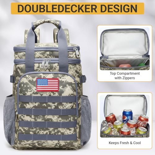 Fathers Day Gift-Tactical Backpack Cooler,Large Cooler Backpack Lunch Box for Men Adults Work with Handle,Insulated Soft Thermal Bag - color: Camo-grey