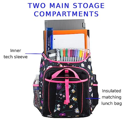 FUEL Top Loader Backpack with Lunch Box Combo – 18” Two Compartment Water Resistant Durable Adjustable Straps with Side Water Bottle Pockets 2 in 1 Set – Black & Pink Flowers - color: Ditsy Floral Bird Print/Black/Pink Sizzle