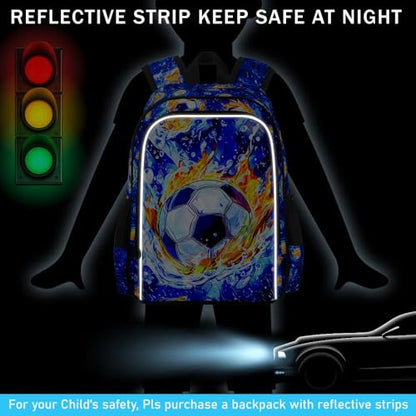 HPJGD 3PCS Soccer Backpack for Boys, Water Resistant Kids Bookbag Set with Lunch Box, Cool School Bag for Elementary Preschool Toddler - Fire & Water Soccer - color: Cool Uv Printed Fire and Water Soccer Blue