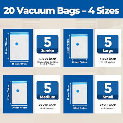 ETENWOLF Vacuum Storage Bags for Travel, Vacuum Seal Bags for Clothes and Travel, Space Saver Bags in Multiple Carry-On Sizes, Perfect for Luggage and Suitcases, 20 Combo - size: 20 Combo Size