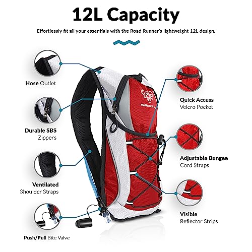 Water Buffalo Hydration Backpack - Lightweight Hydration Pack with 2L Water Bladder - Water Backpack for Hiking, Running, Biking, and Raves - Road Runner 12L Hydropack Backpack - color: Red