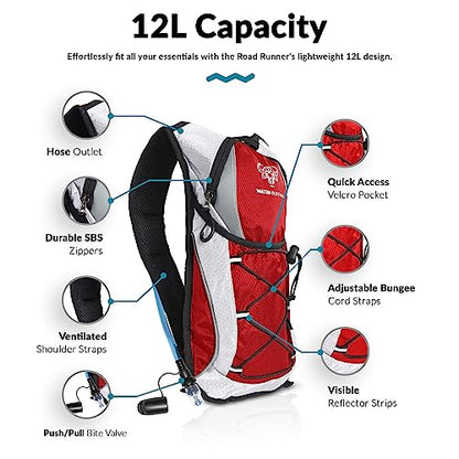 Water Buffalo Hydration Backpack - Lightweight Hydration Pack with 2L Water Bladder - Water Backpack for Hiking, Running, Biking, and Raves - Road Runner 12L Hydropack Backpack - color: Red