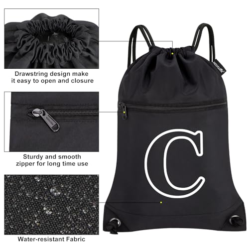 HOLYLUCK Drawstring Bags Initial Backpack Sackpack Cinch Bags for Sports, Gym, Travel, Beach(Black-C) - color: Black-c
