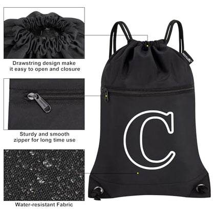 HOLYLUCK Drawstring Bags Initial Backpack Sackpack Cinch Bags for Sports, Gym, Travel, Beach(Black-C) - color: Black-c