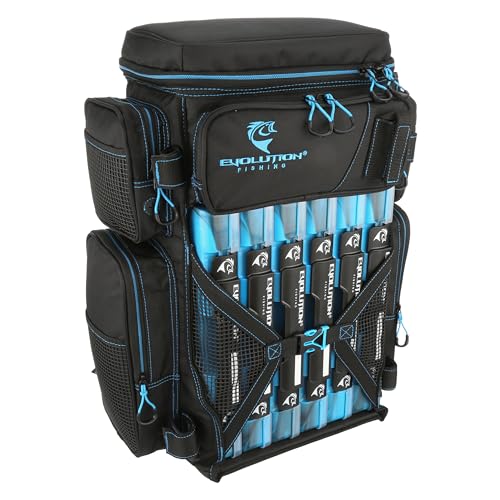 Evolution Fishing Drift Series Tackle Backpack, Outdoor Rucksack w/ 6 Fishing Tackle Trays, Heavy Duty - color: Blue, size: 3700