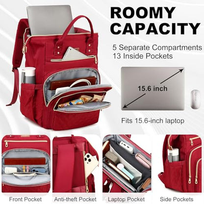 AIJIEKE Lunch Backpack for Women, 15.6 Inch Laptop Backpack with Detachable Insulated Cooler Lunch Box, 2-in-1 Water Resistant Work Computer Bag for Nurse Teacher College Commute, Red - color: Red