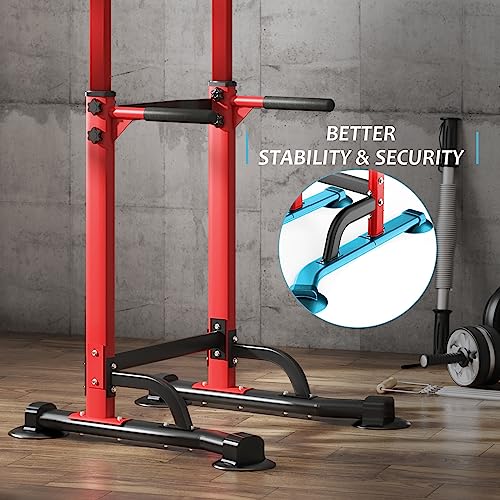 DlandHome Power Tower Pull Up Dip Station Multi-Function Fitness Equipment for Strength Training Adjustable Height Dip Stand for Home Gym - color: Red