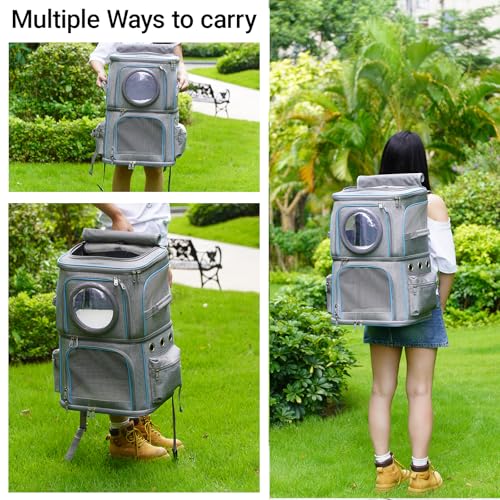 2-in-1 Pet Carrier Backpack for Two Cats or One Dog, Double-Layer 2 Compartment Carry Bag to Transport Small Animals Traveling and Hiking, Space Capsule Clear Bubble Dome - color: Grey