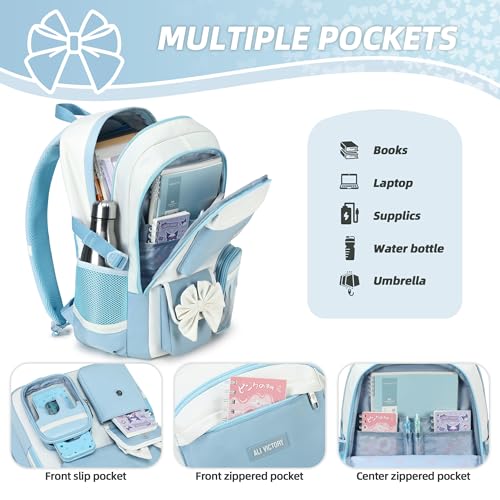 School Backpack for Girls 3PCS Nylon Kids Backpack Set with Lunch Box & Pencil Pouch, Cute Lightweight Teen Girls School Bag Laptop Bag Travel Daypack for Elementary Middle High School Beige Blue - color: Blue