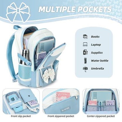 School Backpack for Girls 3PCS Nylon Kids Backpack Set with Lunch Box & Pencil Pouch, Cute Lightweight Teen Girls School Bag Laptop Bag Travel Daypack for Elementary Middle High School Beige Blue - color: Blue