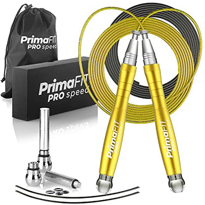 PrimaFIT Jump Rope Pro Speed Skipping Rope Adjustable Adult Jumping Rope Weighted Aluminium Handles for Double Dutch Boxing Workout Crossfit Exercise Fitness Spare Cable Weights Protectors Carry Bag - color: Golden