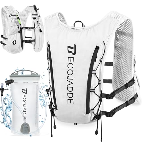 BECOJADDE Running Vest Hydration Backpack for Men Women, 5L Lightweight Running Backpack Hydration Pack for Marathon, Trail, Cycling, Hiking, Jogging - color: White, size: 5l Running Vest With One 1.5l Water Bag