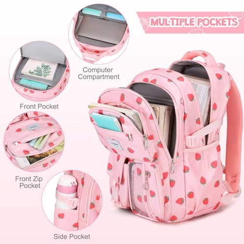 ACESAK Backpack for Girls - Girls Backpack with Lunch Bag & Pencil Pouch for Teen Kids Laptop Backpack for Women, Elementary Middle High School Bookbag Travel Daypack (Pink Strawberry) - color: Pink Strawberry
