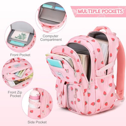 ACESAK Backpack for Girls - Girls Backpack with Lunch Bag & Pencil Pouch for Teen Kids Laptop Backpack for Women, Elementary Middle High School Bookbag Travel Daypack (Pink Strawberry) - color: Pink Strawberry