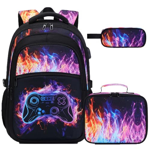 DIGOBAY Boys Backpack for School, 3PCS Cool Luminous Gamer Backpack for Boys with Lunch Box Pencil Case, Kids Backpacks Bookbag for Teen Boy Elementary Middle High School with USB Charging Port - color: Neon-flame