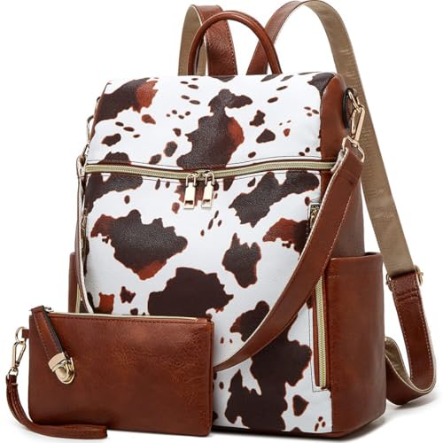 Makes Backpack Purse for Women PU Leather Travel Satchel Handbag Convertible Design Bag with Purse 2 Piece - color: Cow Brown Pattern