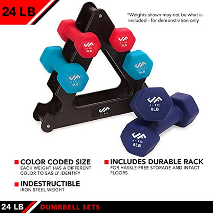 JFIT Dumbbell Pairs or Sets – Neoprene & Vinyl Coated Hand Weights for Home Gym, Strength Training, Aerobics, Cardio Exercise and Fitness - size: 24 lbs (Set), style: Dumbbell Set with Rack