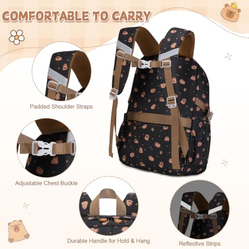 Capybara Theme Backpack for School Girls, 35PCS Kids Backpack Set with School Supplies Stationery Kit Lunch Box Pencil Case, Cute Girls Bookbag for Kindergarten Elementary Student - color: Black