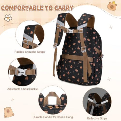 Capybara Theme Backpack for School Girls, 35PCS Kids Backpack Set with School Supplies Stationery Kit Lunch Box Pencil Case, Cute Girls Bookbag for Kindergarten Elementary Student - color: Black