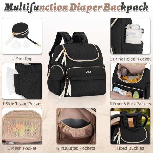 Diaper Bag Backpack, 22L Large Quilted Small Baby Bag with Changing Pad & Pacifier Case, Stroller Hooks, Easy-Access Baby Essential, Maternity Travel Backpack Unisex, Black - color: Black, size: Small