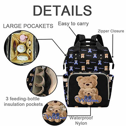 Custom Bear Diaper Bag Backpack for Baby Boy, Personalized Name Cute Cartoon Large Nappy Nursing Orangizer Mommy Bags, Waterproof Travel Daypack for Dad Mom Gifts - color: Bear-black-01