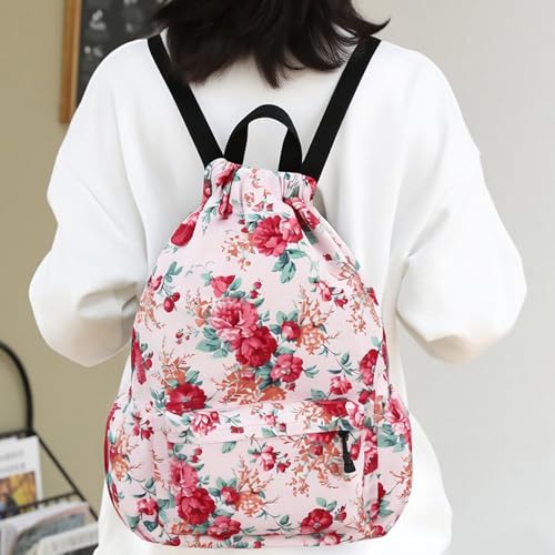 Drawstring Backpack for Women Drawstring Gym Bag Water Resistant Small Cinch Sack Pull String Backpack Bag (Flower-D) - color: Peony