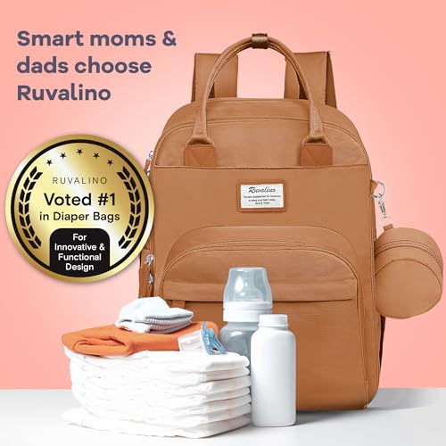 RUVALINO Diaper Bag Backpack-Multifunction Baby Travel Bag with Changing pad, Insulated Bottle Holders & Pacifier Case, Large Capacity, Waterproof, Dark Brown - color: Dark Brown