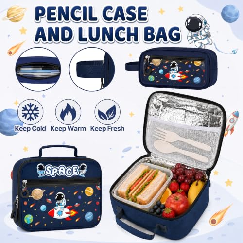 Space Backpack for Boys, 4 PCS Boys Backpack with Lunch Box Set, Spaceman Large Laptop Bookbag, School Bag for Elementary Kids & Teens - color: Space