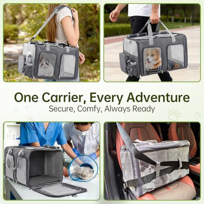 Cat Carrier for 2 Cats - Double Pet Carrier Extra Large, Dual Cabin Multi Cat Travel Carrier with Removable Divider, Collapsible, Can Hold 20 30 40 lbs for Two Small Kitten, a Medium Dog Gray - color: Gray