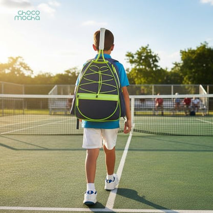 Choco Mocha Kids Tennis Bag, 16 Inch Youth & Junior Tennis Backpack with Shoe Compartment, Holds 2 Rackets (21–23 Inch) - color: Purple Blue