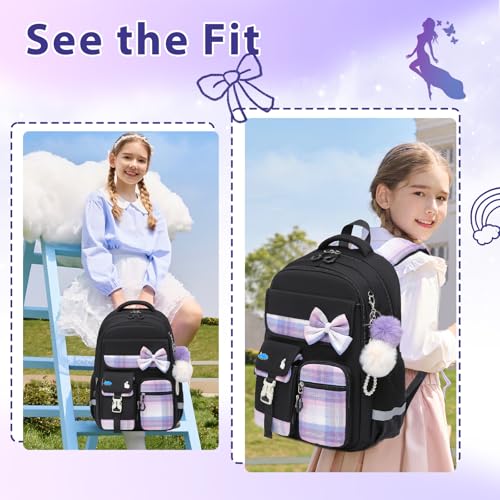 Alrisg Girls School Backpack Preppy Plaid Bookbag Lightweight Backpack for Girls Elementary Middle School Bow Black - color: Black, size: 17in